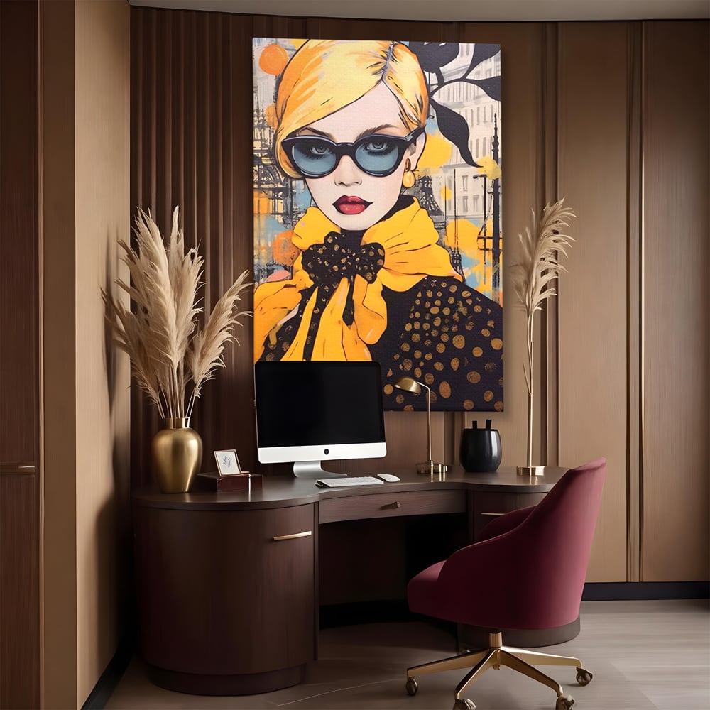 Tablou canvas cu tablou canvas cu portret de femeie blonda, fara rama, pe sasiu de lemn, pe perete intr-un birou